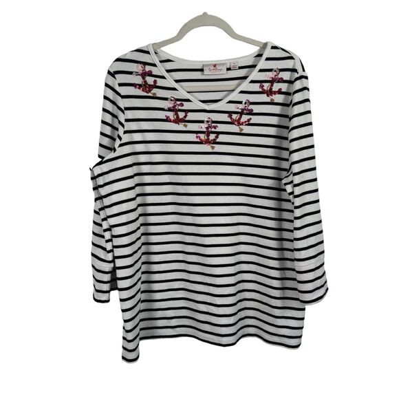 Quacker Factory White Striped Anchor Sequin 3/4 Sleeve Shirt Nautical Womens 1x - Picture 1 of 6